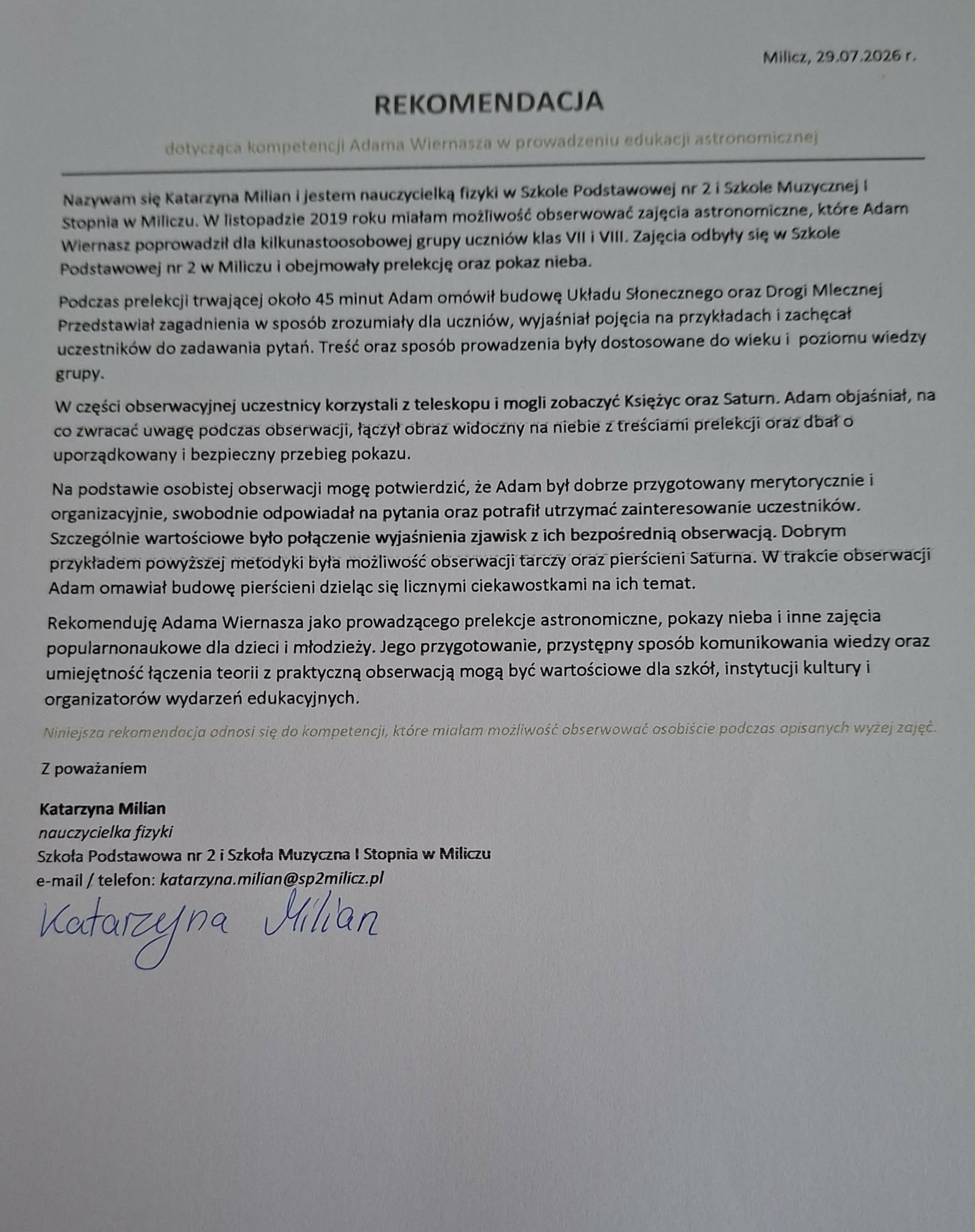 Podgląd rekomendacji wystawionej przez: Katarzyna Milian