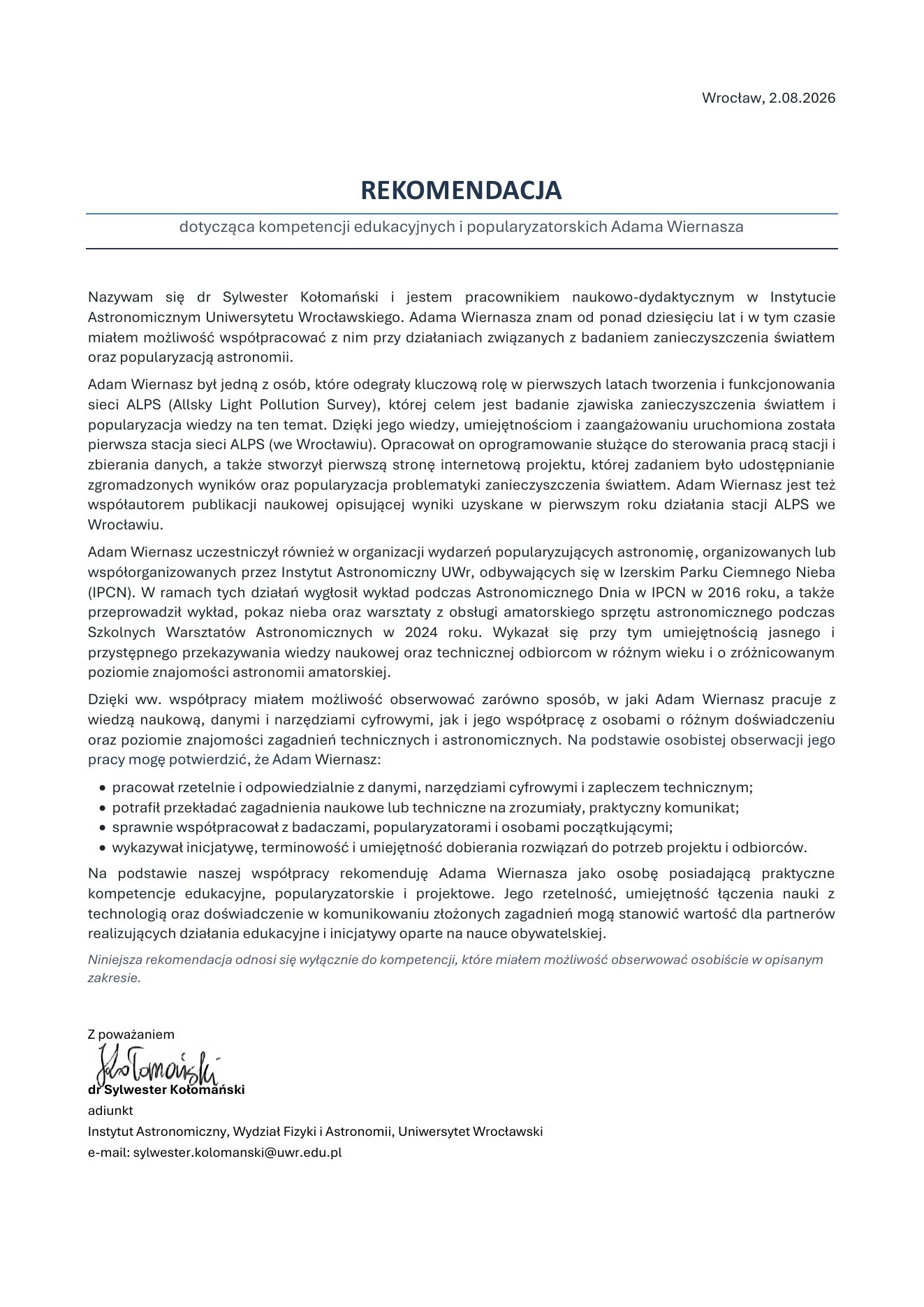 Podgląd rekomendacji wystawionej przez: dr Sylwester Kołomański