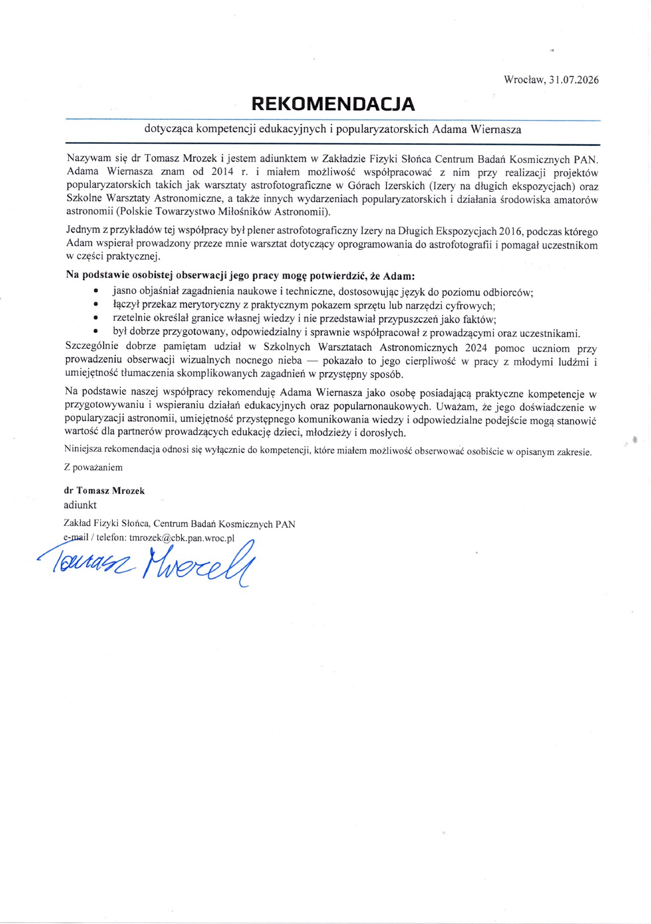 Podgląd rekomendacji wystawionej przez: dr Tomasz Mrozek